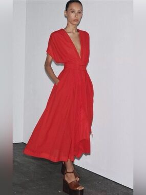 Zara Cotton Pleated Midi Dress Semi Sheer Red Light Breezy NWT XS